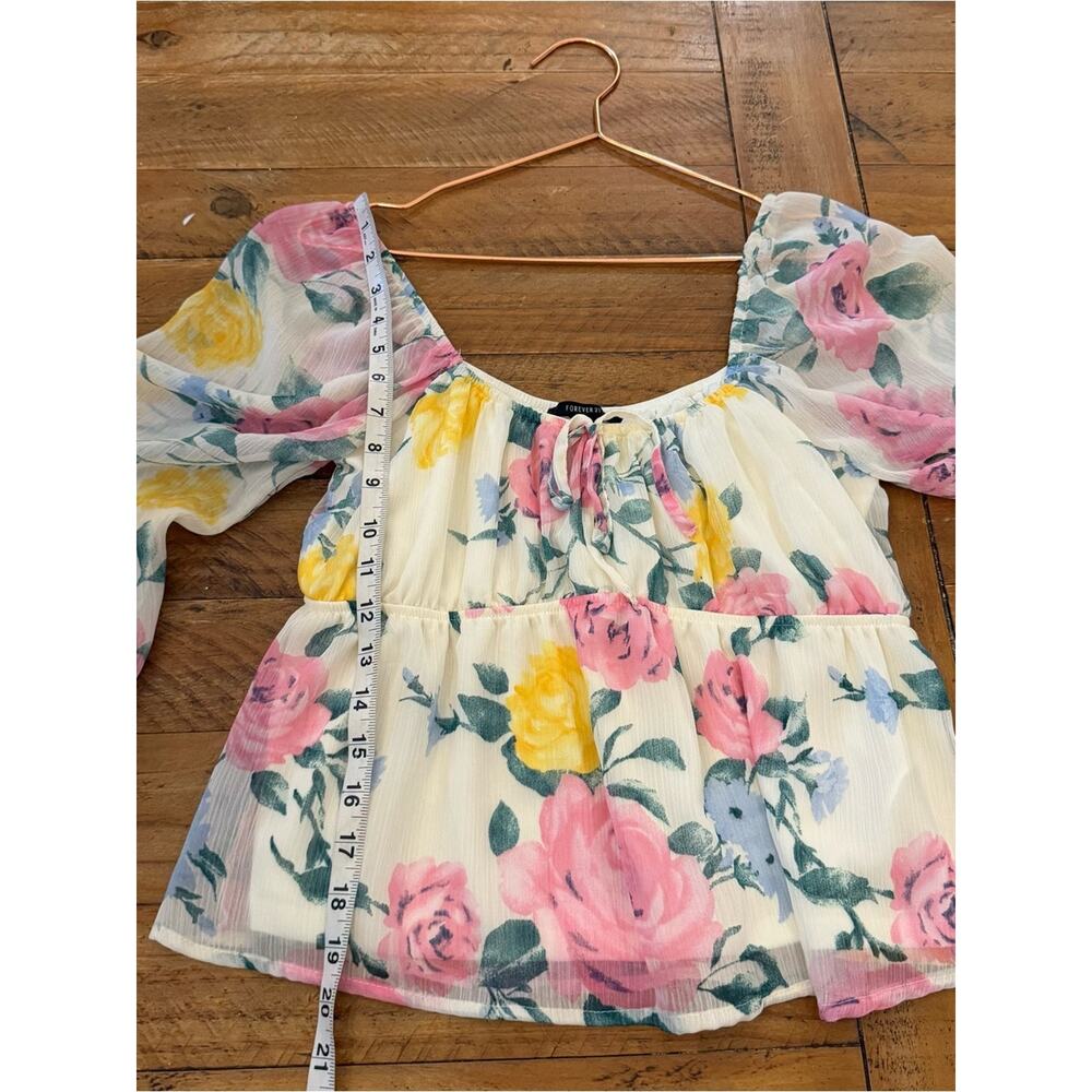 Forever 21 Floral Scoop-Neck Long Sleeve Blouse - Pink & Yellow on Cream - Picture 5 of 6